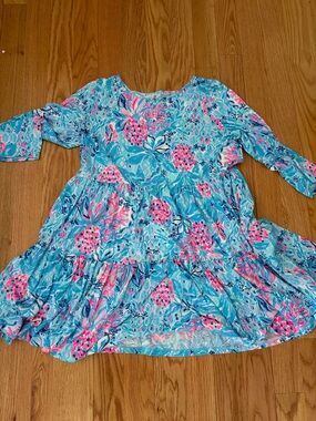 Lilly Pulitzer Turquoise Floral Tiered Dress with Pink Details